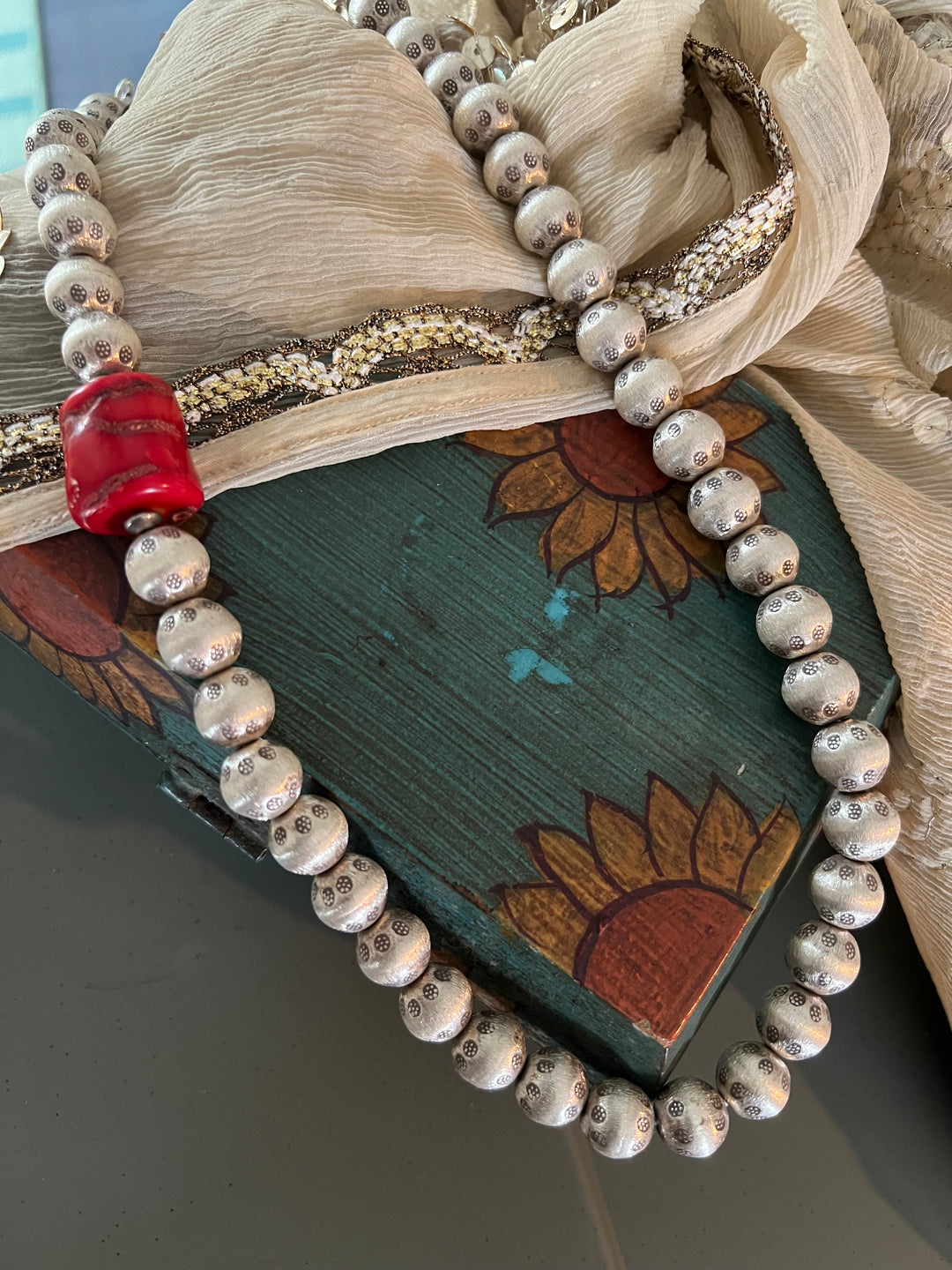 Statement Pure Silver Necklace with Natural Coral Stone