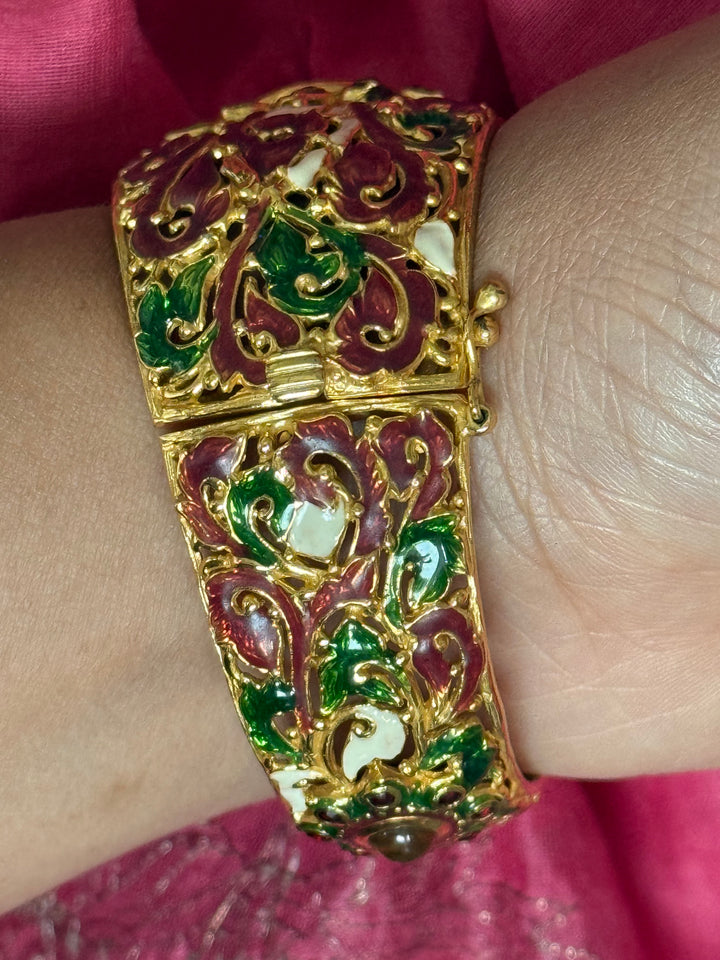 SHIVKA 925 Silver Meenakari Kada | Natural Topaz Stone | Gold Plated | Openable | 60g