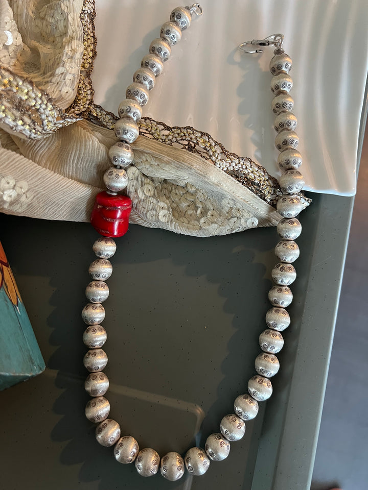 Statement Pure Silver Necklace with Natural Coral Stone