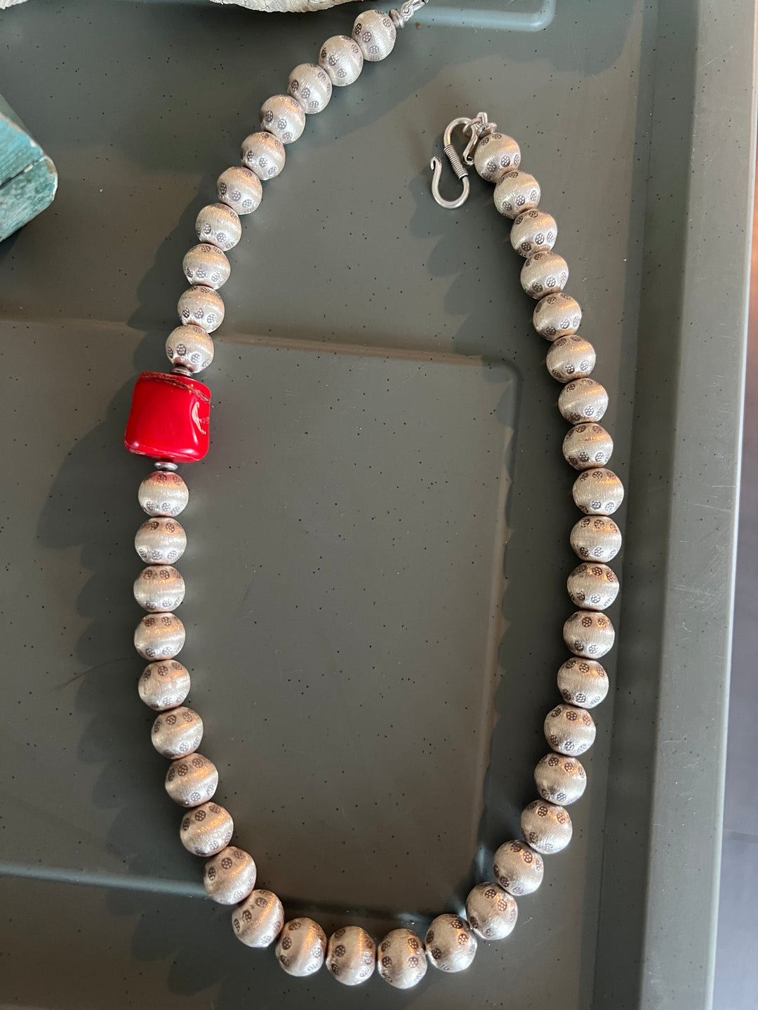 Statement Pure Silver Necklace with Natural Coral Stone
