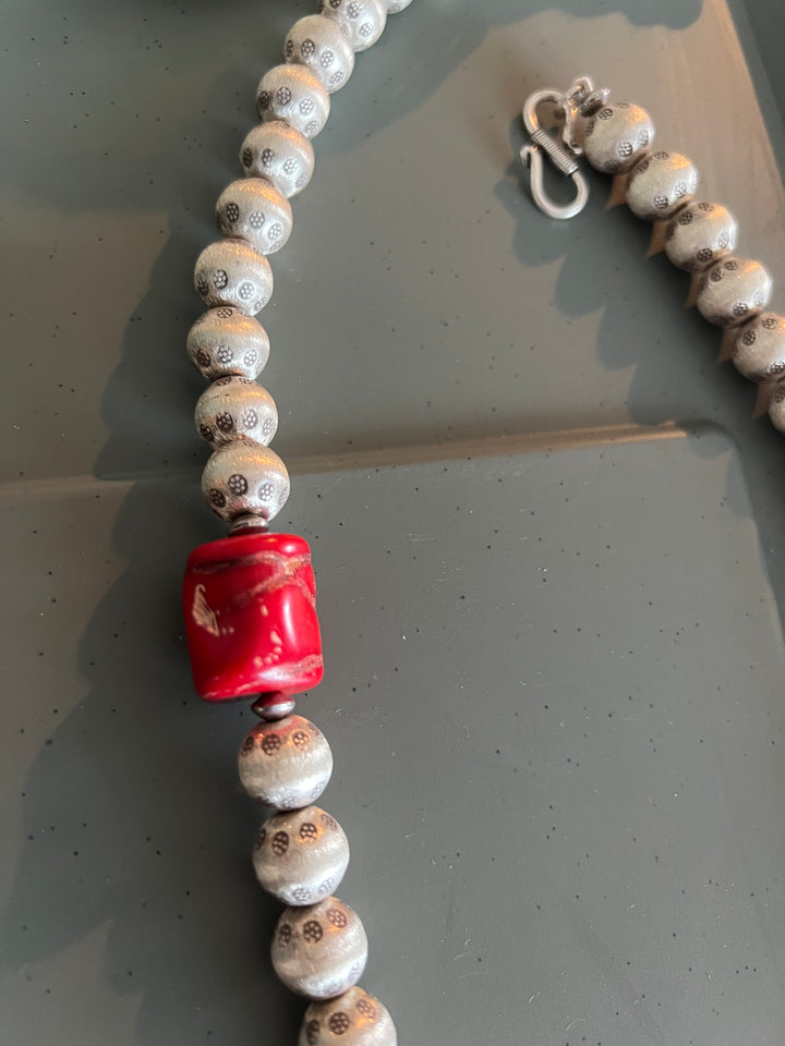 Statement Pure Silver Necklace with Natural Coral Stone