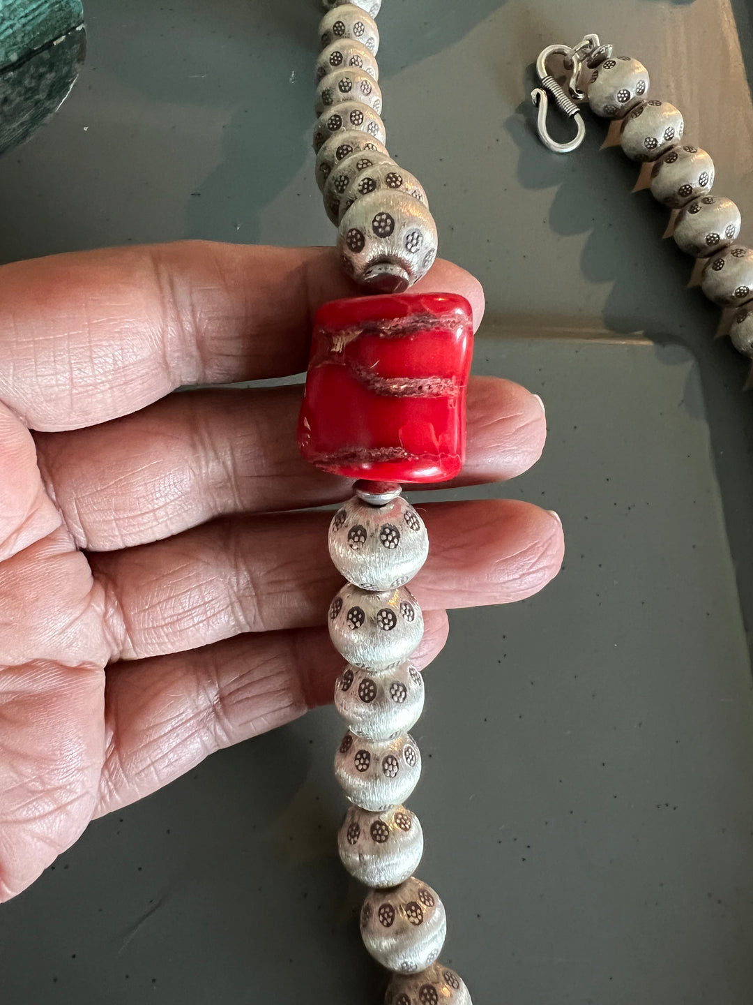 Statement Pure Silver Necklace with Natural Coral Stone