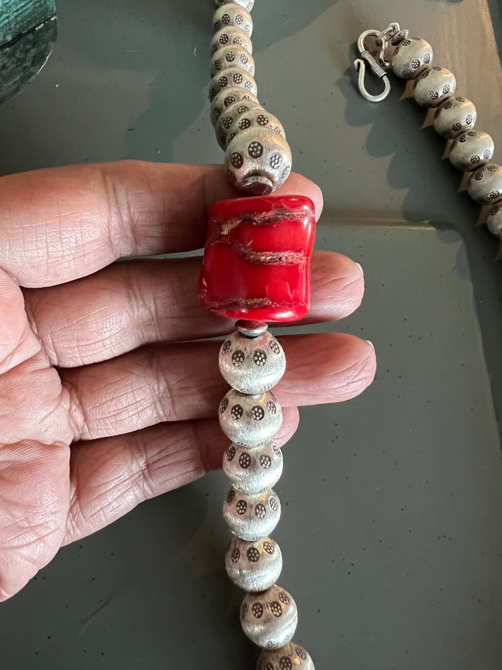 Statement Pure Silver Necklace with Natural Coral Stone