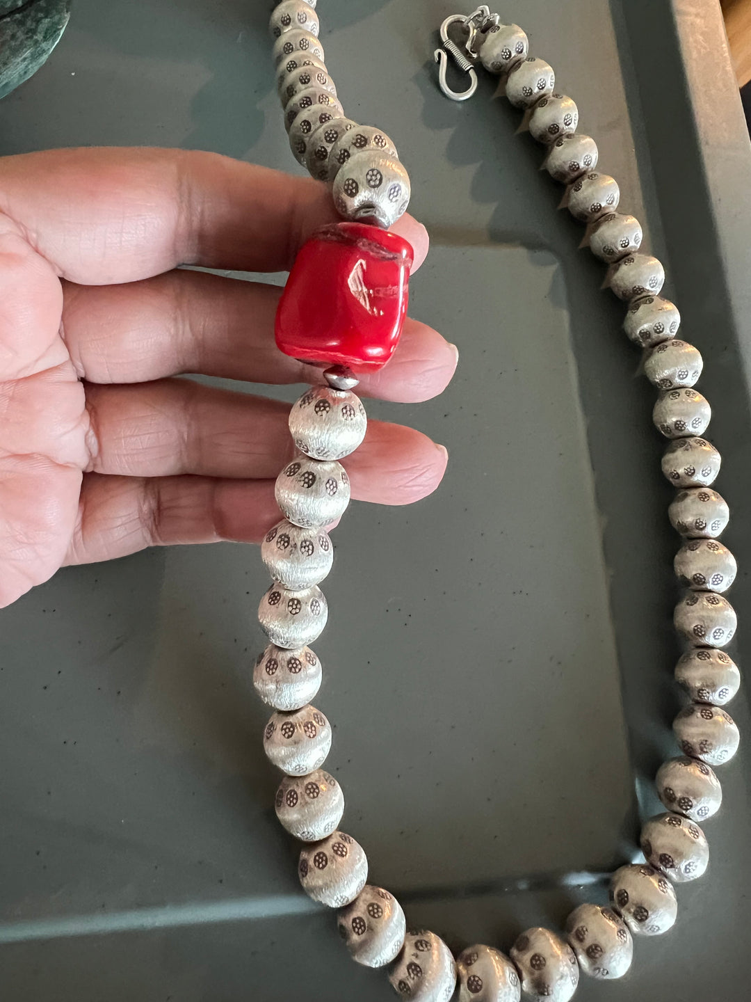 Statement Pure Silver Necklace with Natural Coral Stone