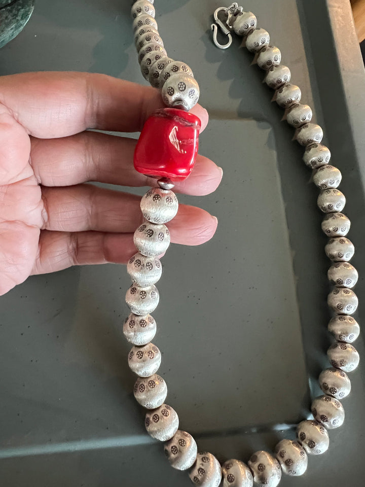 Statement Pure Silver Necklace with Natural Coral Stone