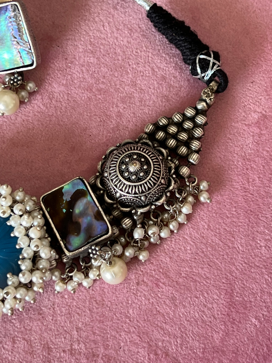 Exquisite Carved Stone Fusion Necklace Set - Premium Brass Craftsmanship