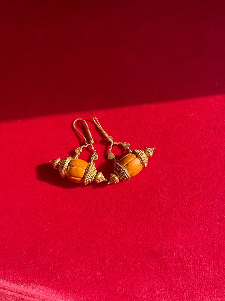 Handmade 925 Silver Dholki Carnelian Earrings | Antique Gold Polish Earwire Danglers