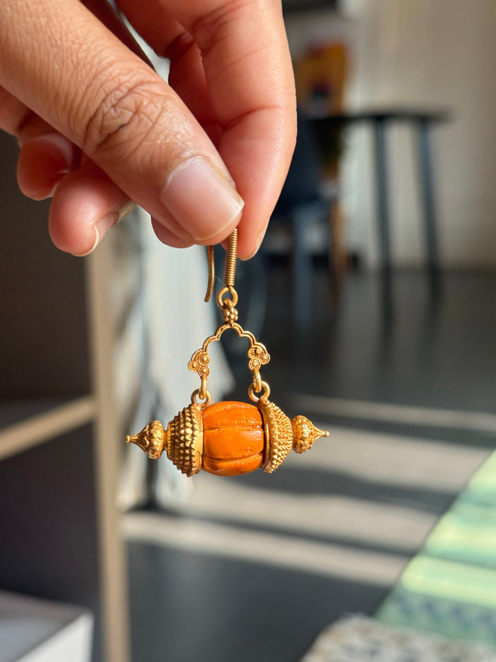 Handmade 925 Silver Dholki Carnelian Earrings | Antique Gold Polish Earwire Danglers