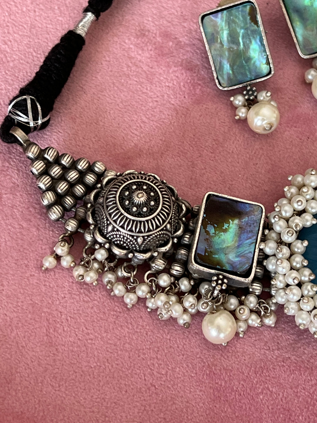 Exquisite Carved Stone Fusion Necklace Set - Premium Brass Craftsmanship