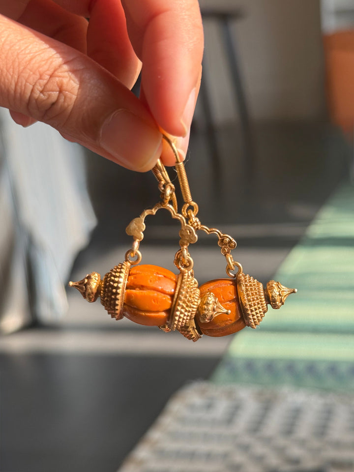 Handmade 925 Silver Dholki Carnelian Earrings | Antique Gold Polish Earwire Danglers