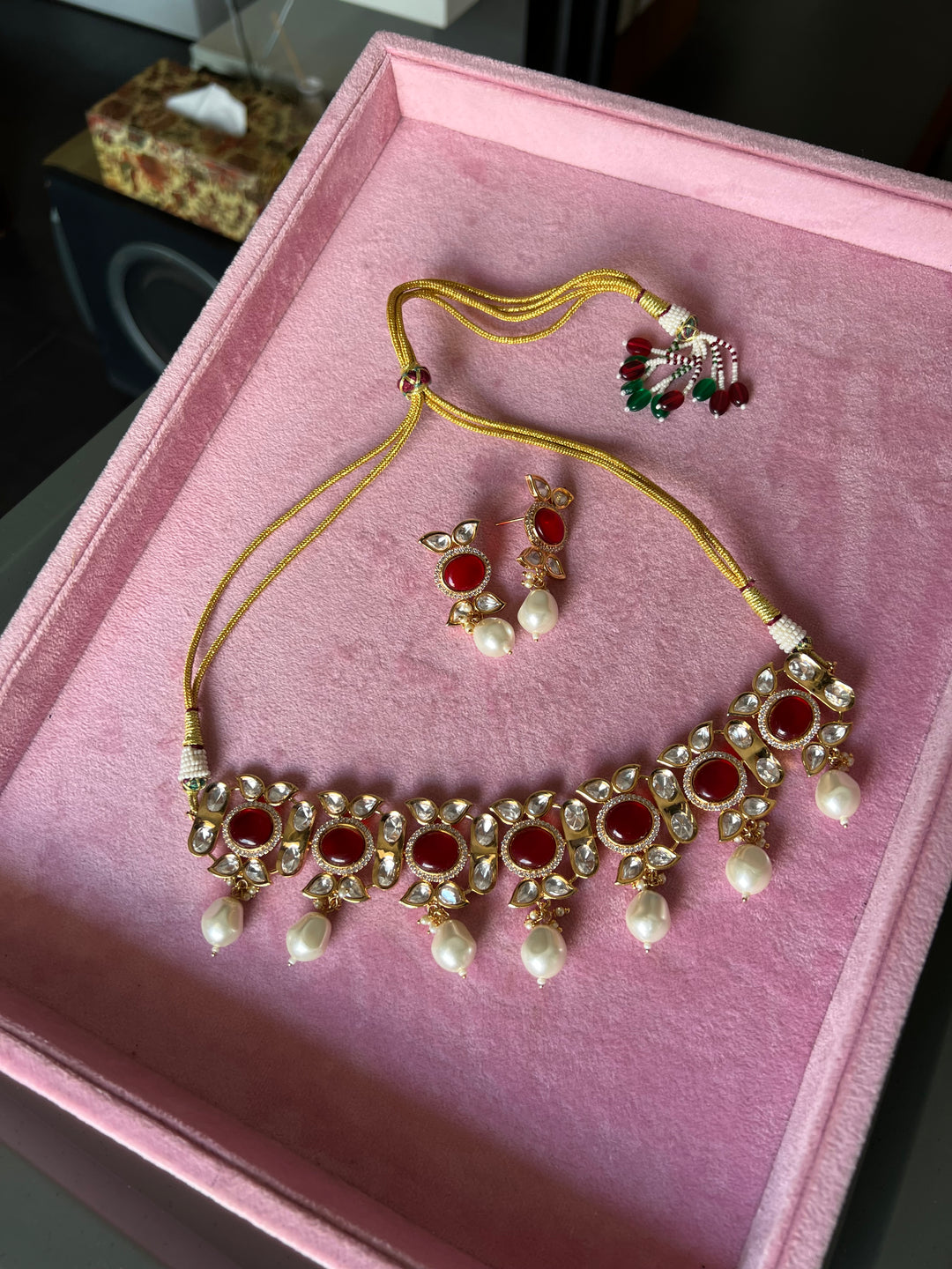 Elegant Kundan Choker Necklace Set with Red Stones and Pearls