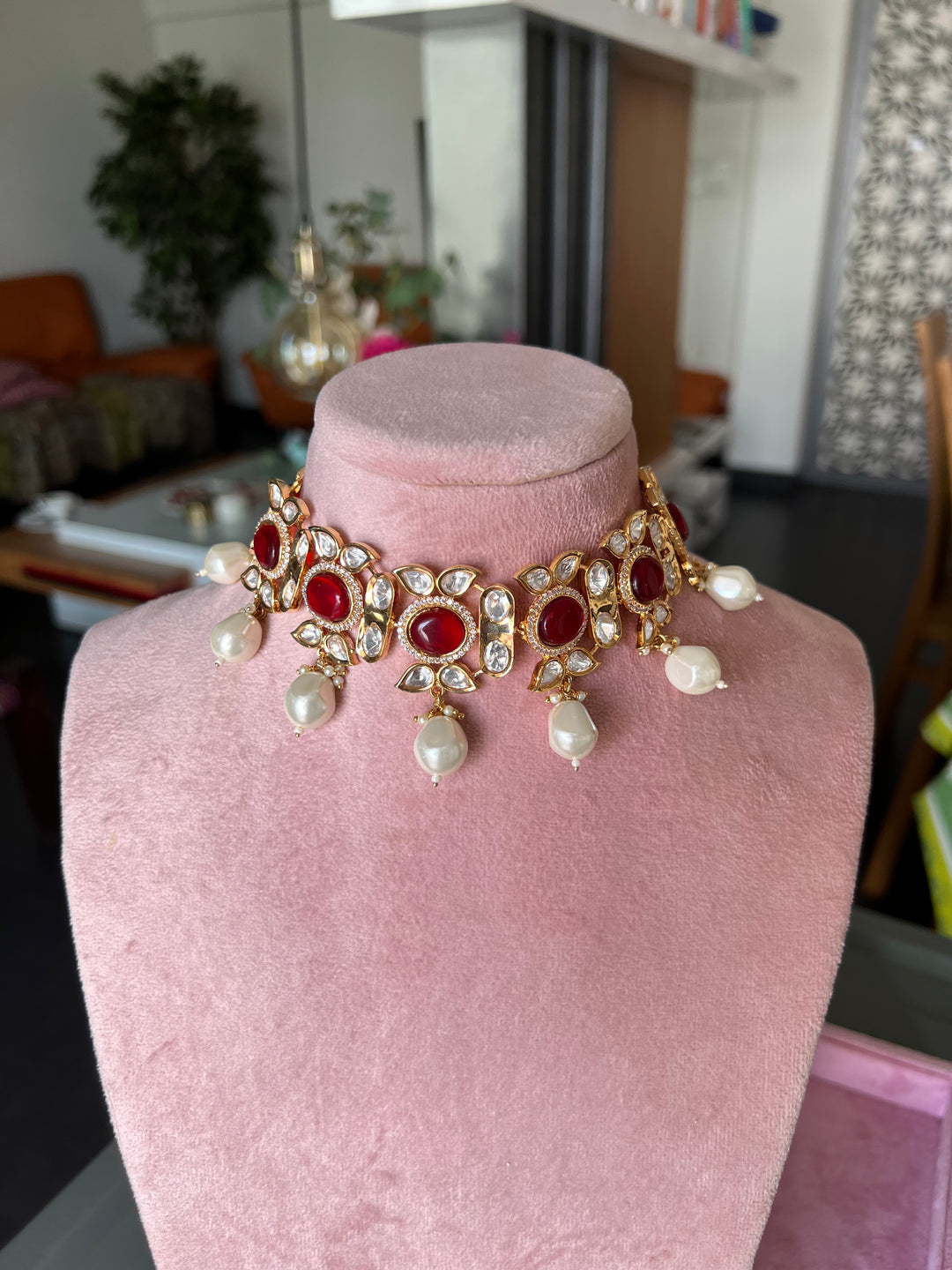 Elegant Kundan Choker Necklace Set with Red Stones and Pearls