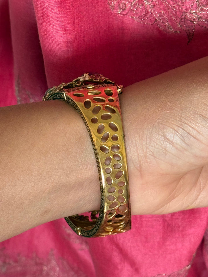 925 Silver Meenakari Ruby Kada by SHIVKA, Gold Plated Bikaner Artisanal Floral Openable Bangle