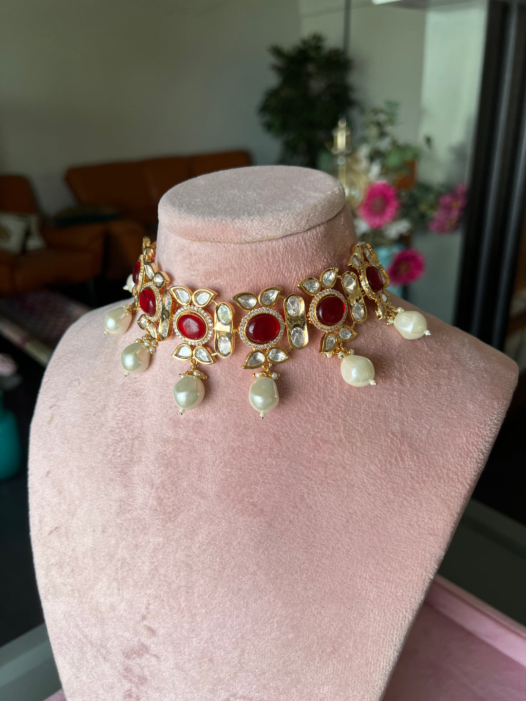 Elegant Kundan Choker Necklace Set with Red Stones and Pearls