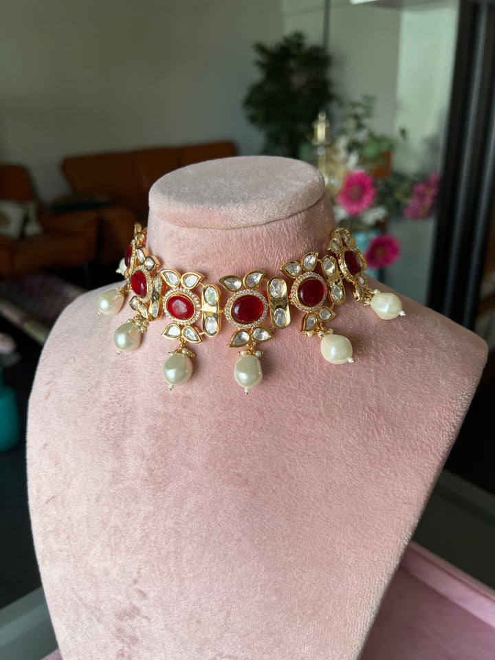 Elegant Kundan Choker Necklace Set with Red Stones and Pearls