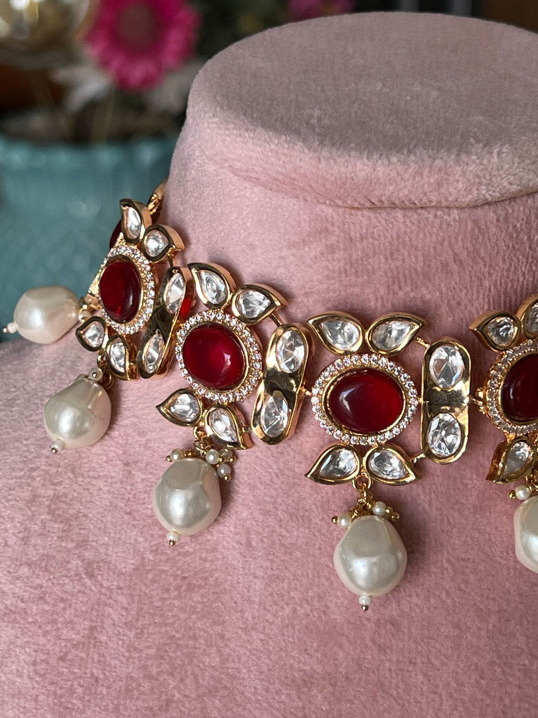 Elegant Kundan Choker Necklace Set with Red Stones and Pearls