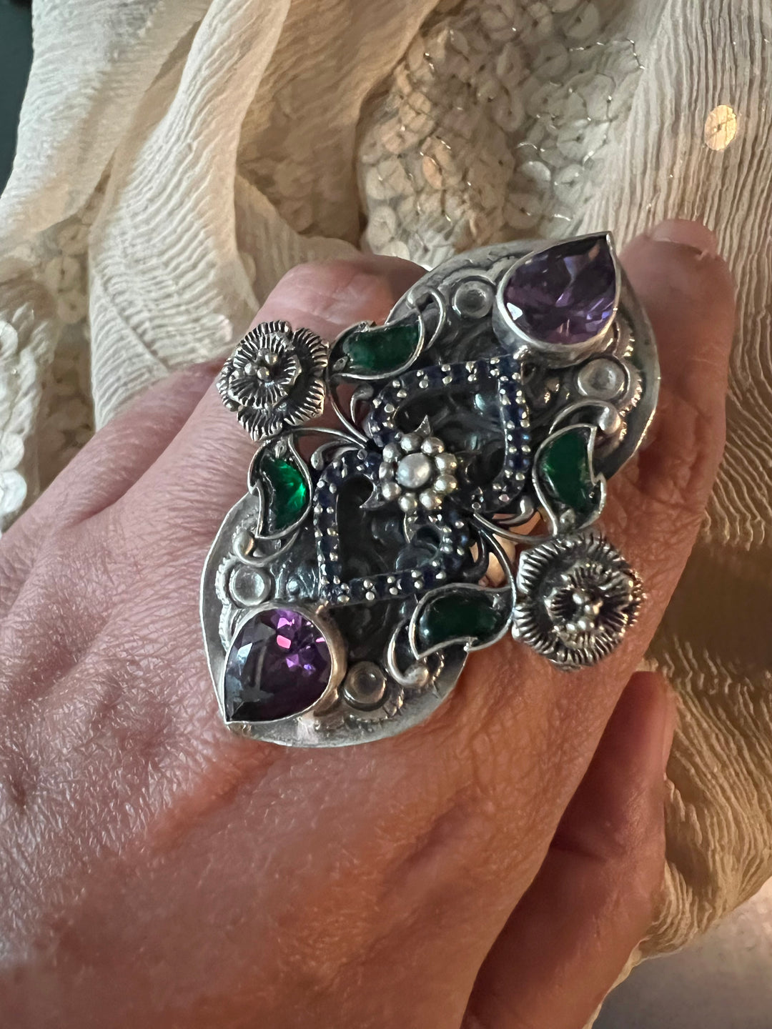 Statement Kundan 925 Silver Ring with Natural Amethyst Stone- Handmade, One of a Kind
