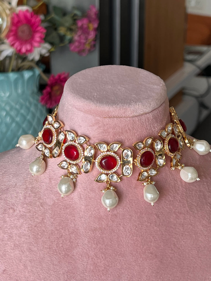 Elegant Kundan Choker Necklace Set with Red Stones and Pearls