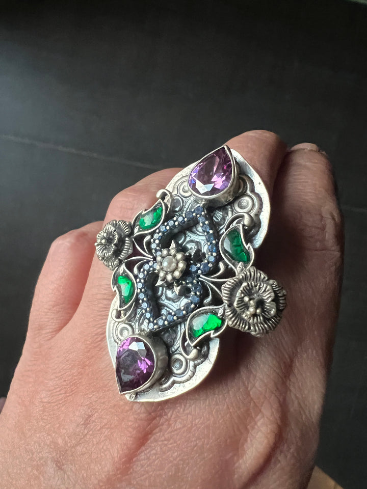 Statement Kundan 925 Silver Ring with Natural Amethyst Stone- Handmade, One of a Kind