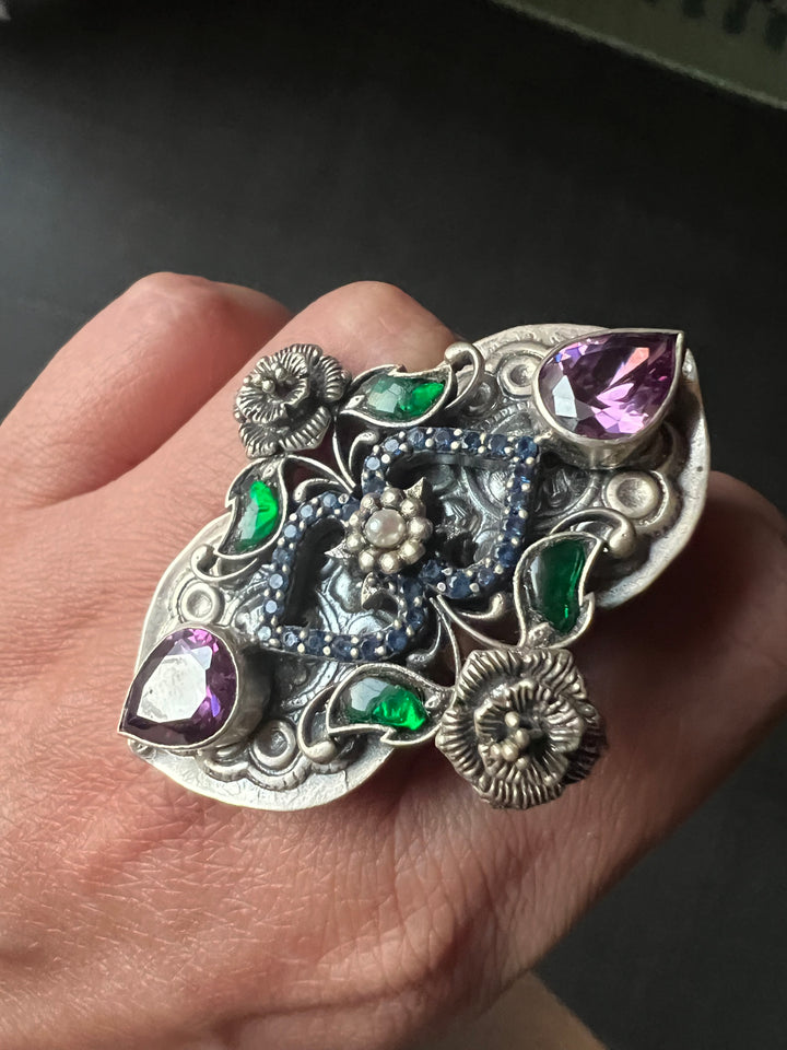 Statement Kundan 925 Silver Ring with Natural Amethyst Stone- Handmade, One of a Kind
