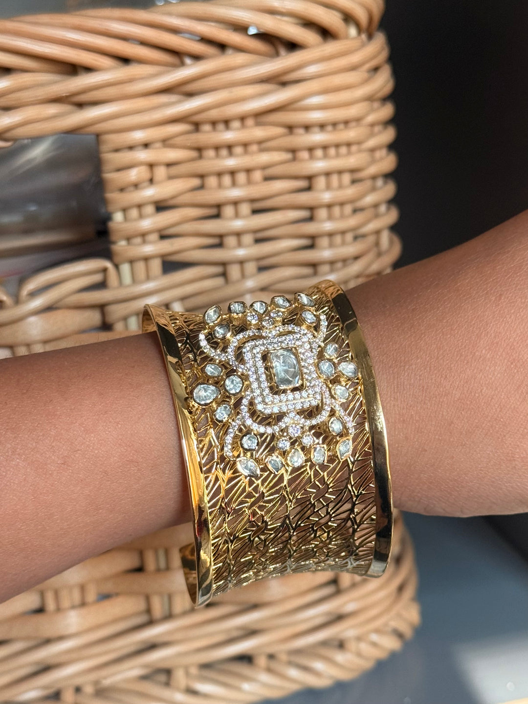 Exquisite 925 Silver Kundan Cuff Bracelet - Handcrafted by SHIVKA