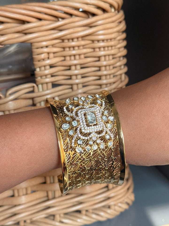 Exquisite 925 Silver Kundan Cuff Bracelet - Handcrafted by SHIVKA