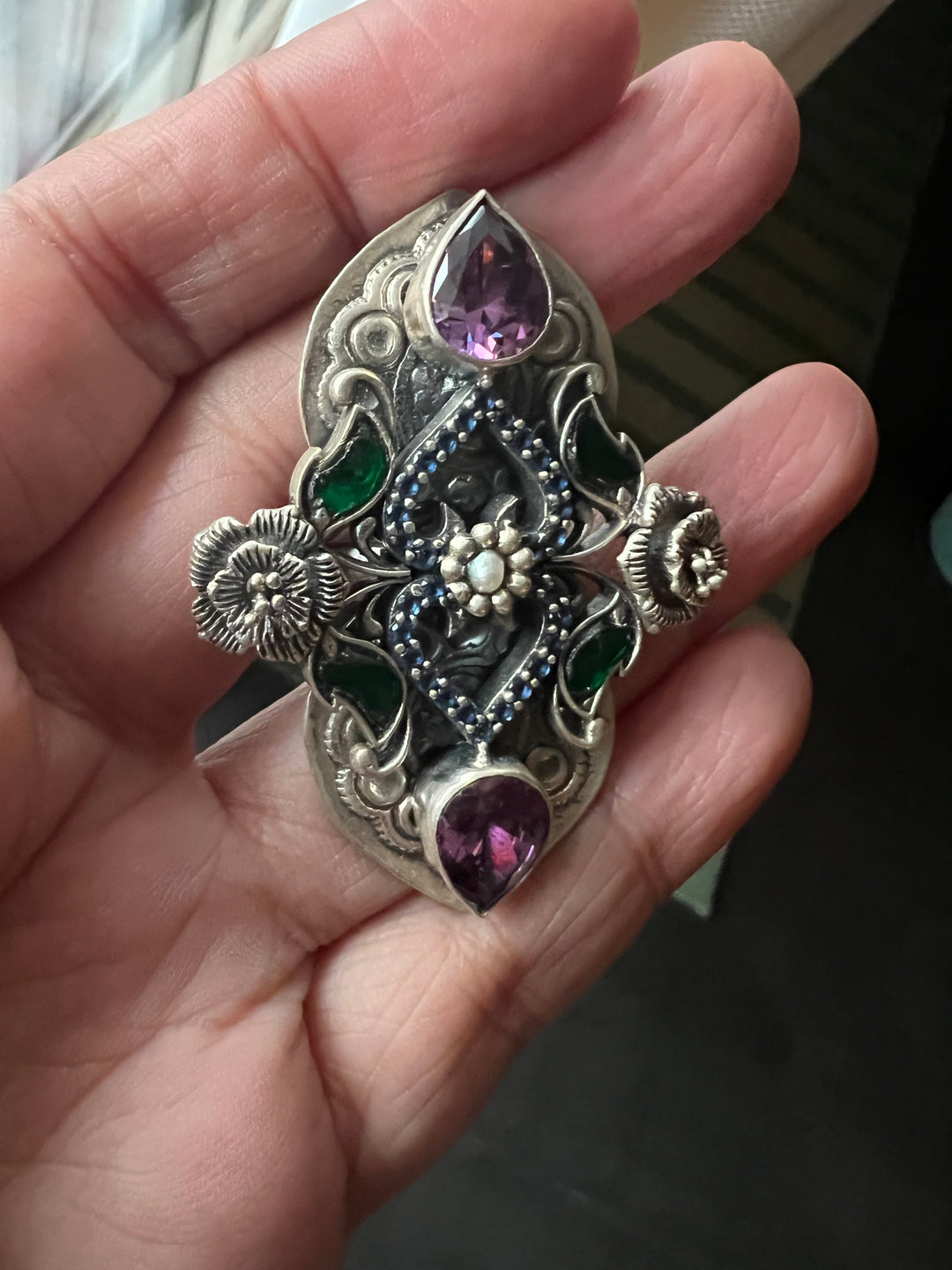 Statement Kundan 925 Silver Ring with Natural Amethyst Stone- Handmade, One of a Kind