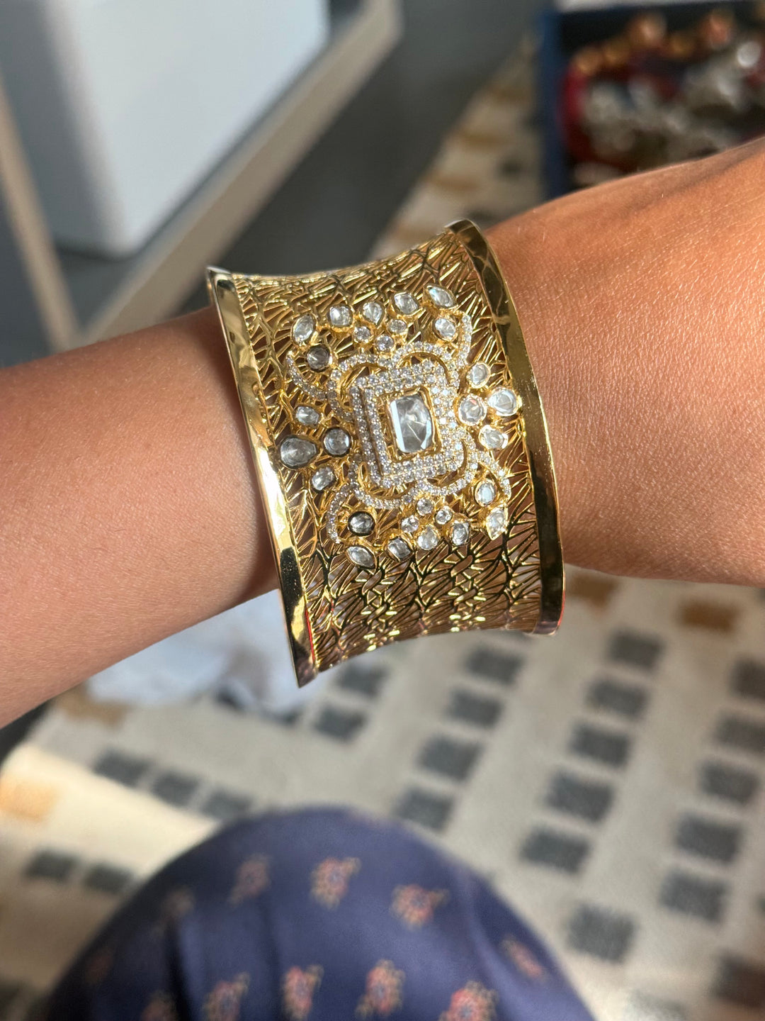 Exquisite 925 Silver Kundan Cuff Bracelet - Handcrafted by SHIVKA