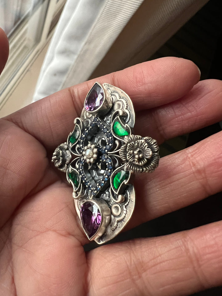 Statement Kundan 925 Silver Ring with Natural Amethyst Stone- Handmade, One of a Kind