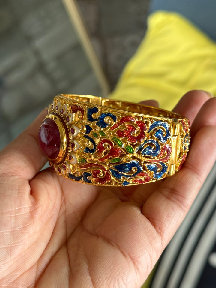 925 Silver Natural Ruby Oval Stone Kada by SHIVKA, Gold Plated Bikaner Artisanal Enamel Bangle