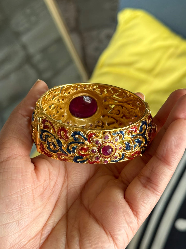 925 Silver Natural Ruby Oval Stone Kada by SHIVKA, Gold Plated Bikaner Artisanal Enamel Bangle