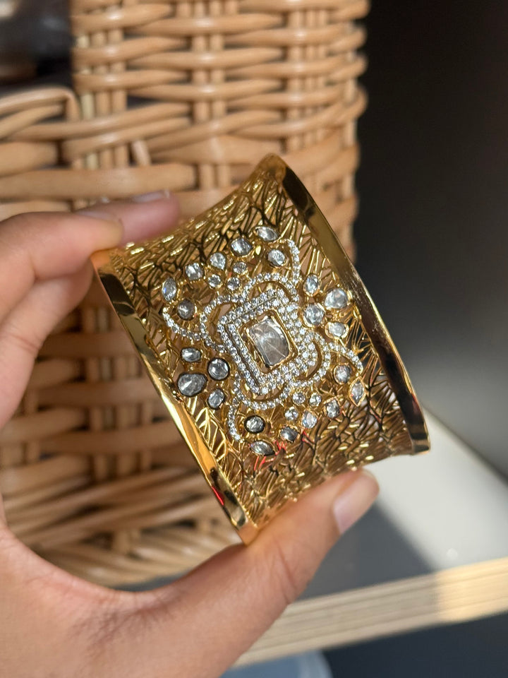 Exquisite 925 Silver Kundan Cuff Bracelet - Handcrafted by SHIVKA
