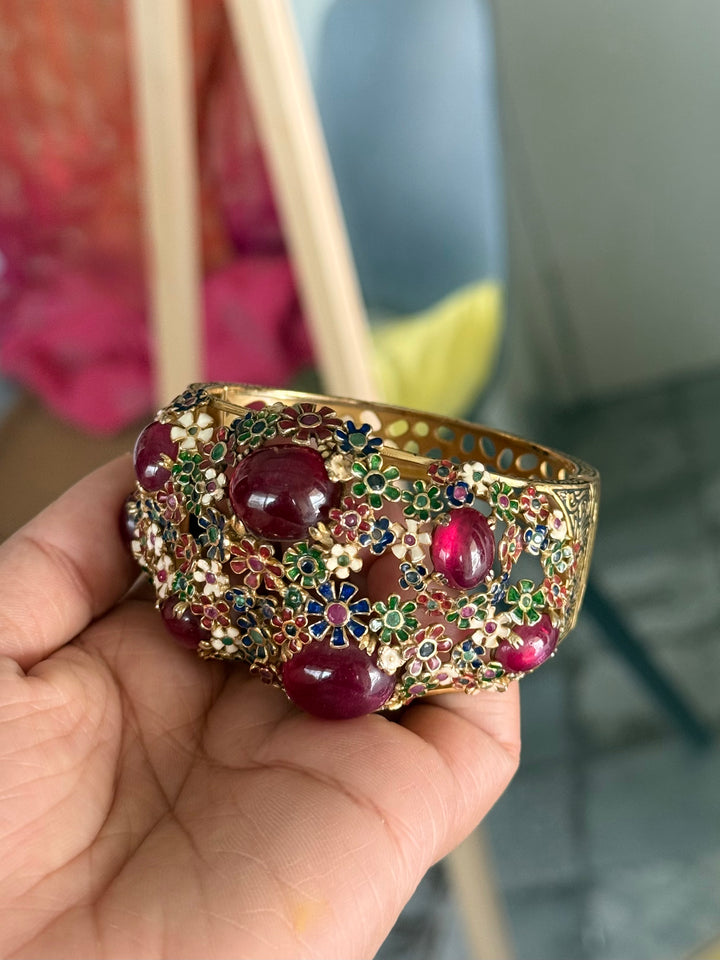 925 Silver Meenakari Ruby Kada by SHIVKA, Gold Plated Bikaner Artisanal Floral Openable Bangle