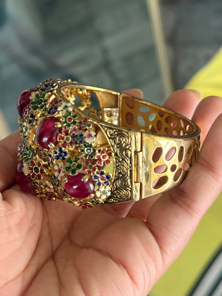 925 Silver Meenakari Ruby Kada by SHIVKA, Gold Plated Bikaner Artisanal Floral Openable Bangle