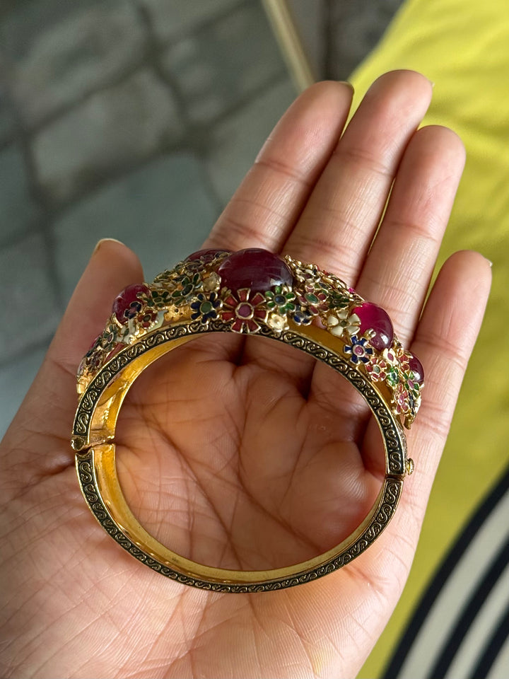 925 Silver Meenakari Ruby Kada by SHIVKA, Gold Plated Bikaner Artisanal Floral Openable Bangle