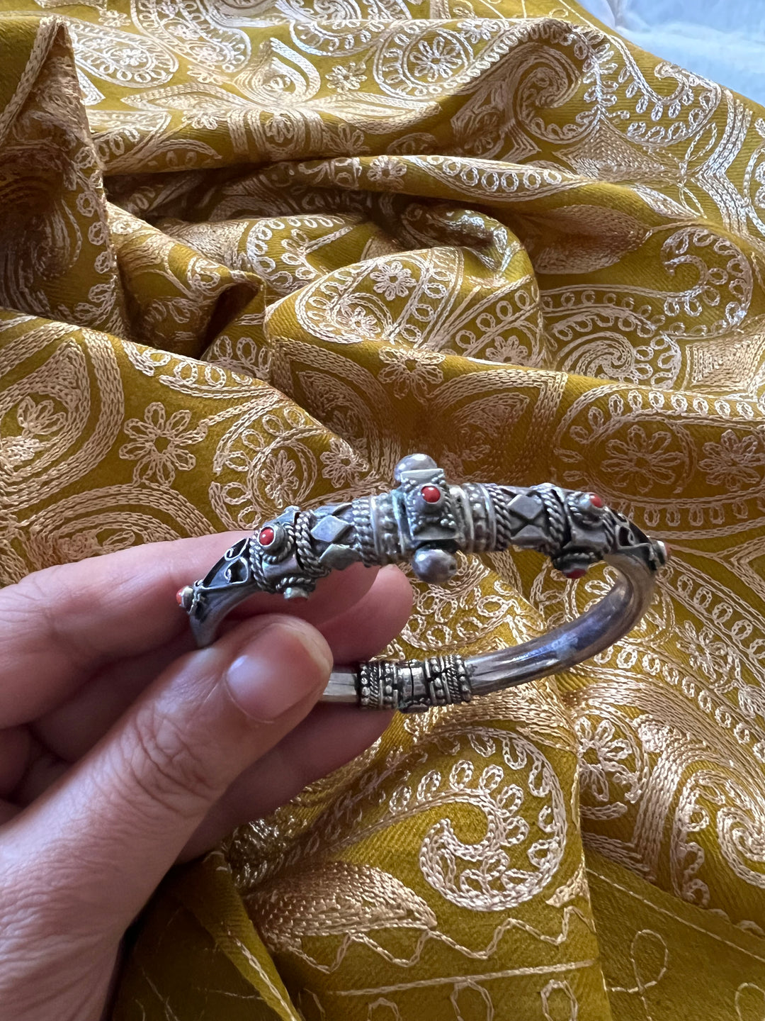 Coral Stones Sterling Silver Bangle