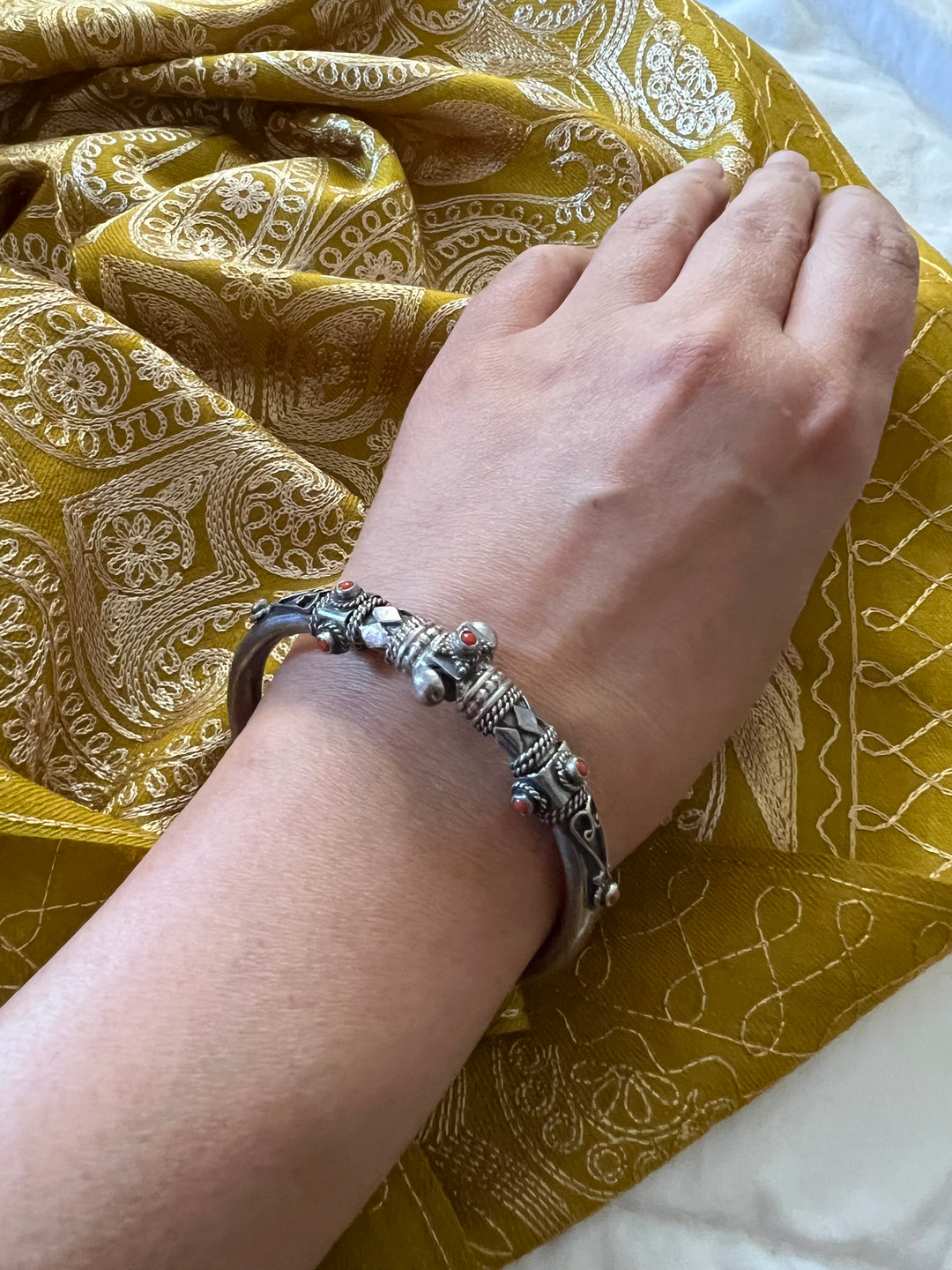 Coral Stones Sterling Silver Bangle