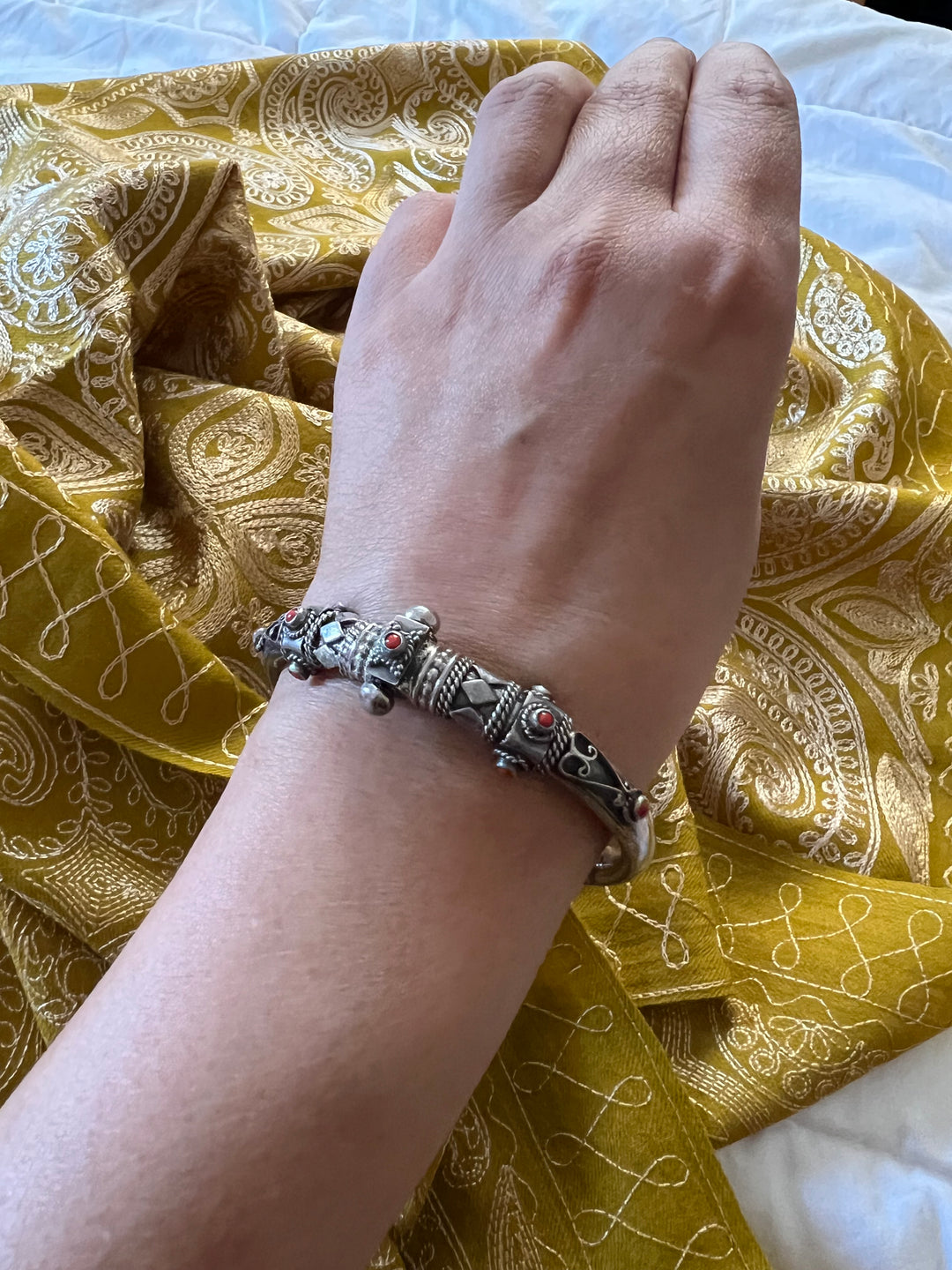 Coral Stones Sterling Silver Bangle