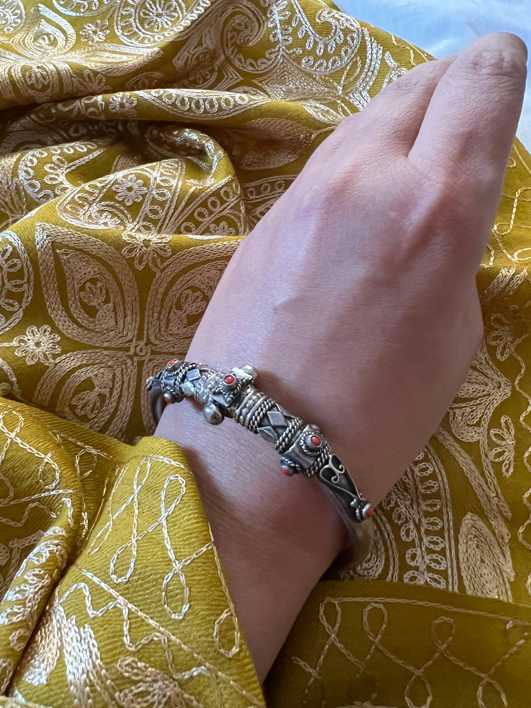 Coral Stones Sterling Silver Bangle