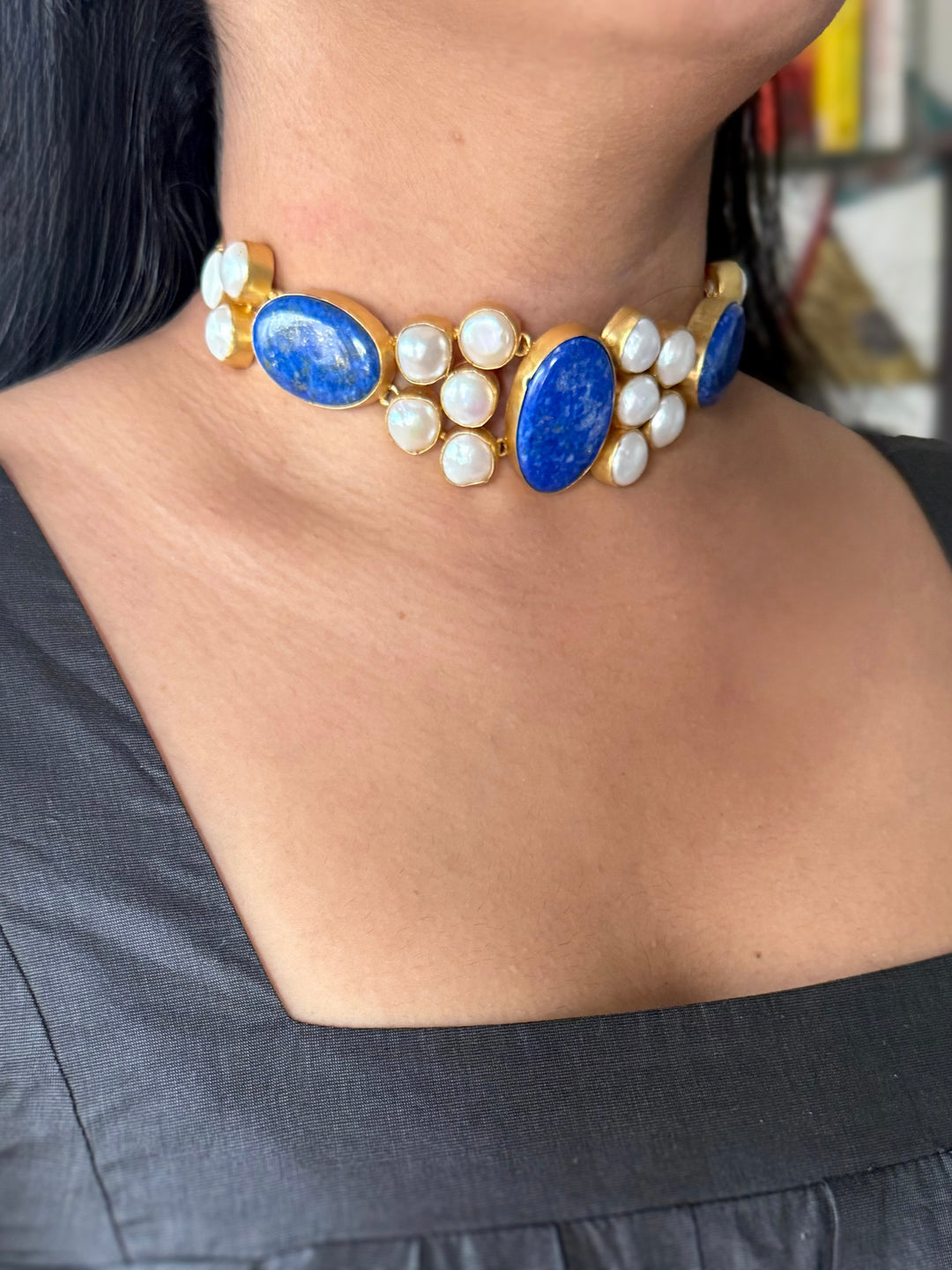 Statement Lapis Lazuli and Pearls Stone Choker