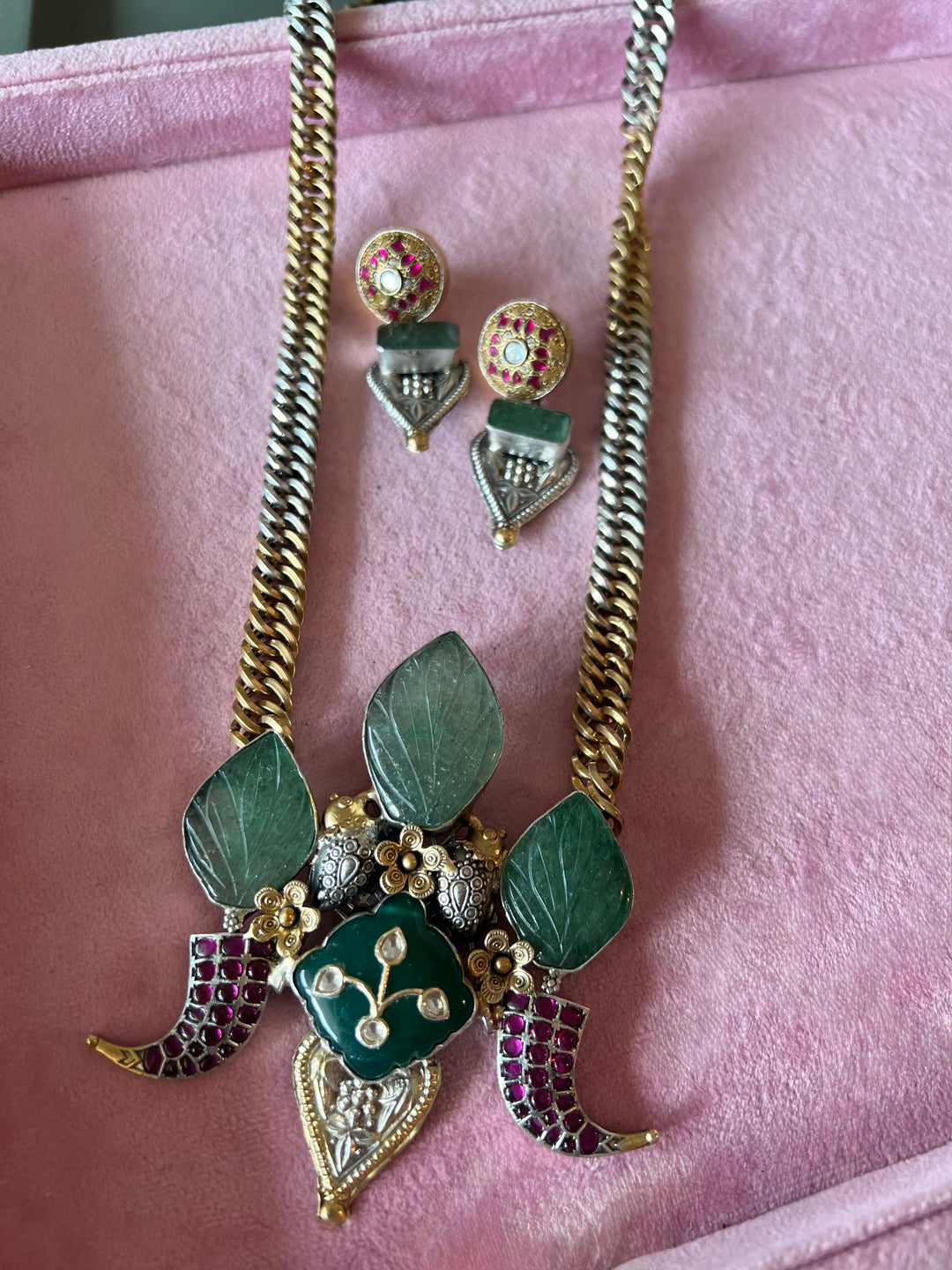Carved Green Aventurine Dual-Tone 925 Silver Necklace Set