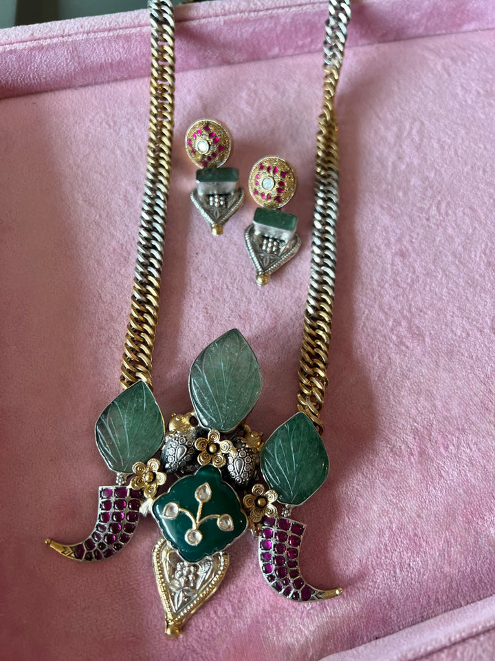 Carved Green Aventurine Dual-Tone 925 Silver Necklace Set