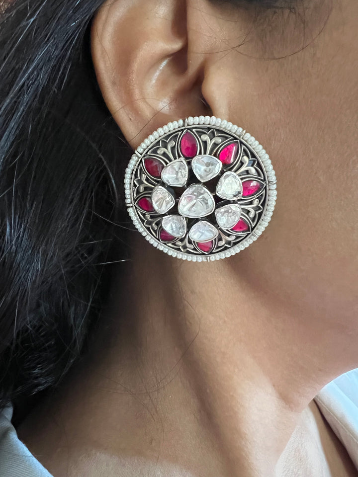 Statement Big Polki 925 Silver Earrings - Premium Quality & Striking Design