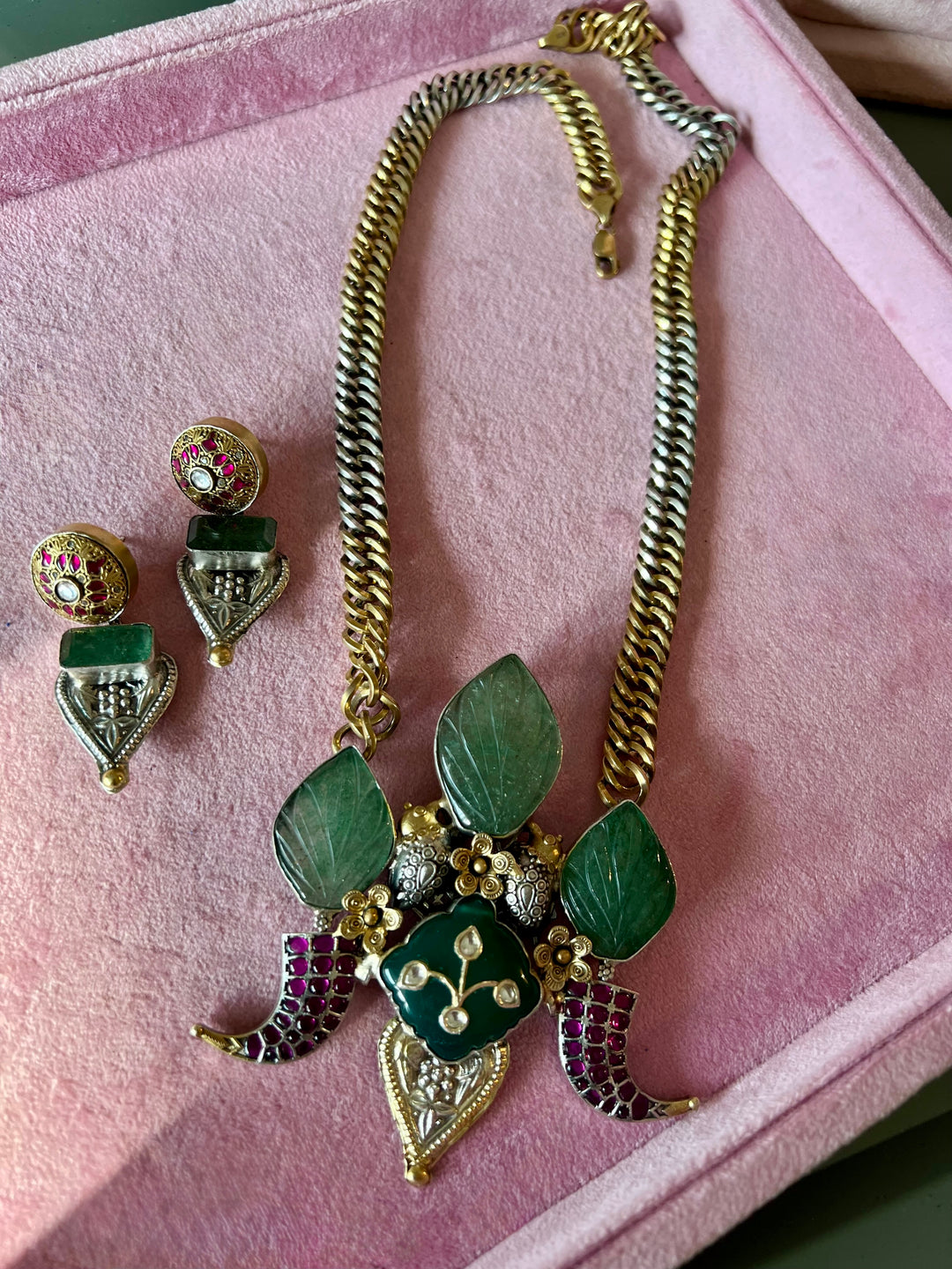 Carved Green Aventurine Dual-Tone 925 Silver Necklace Set
