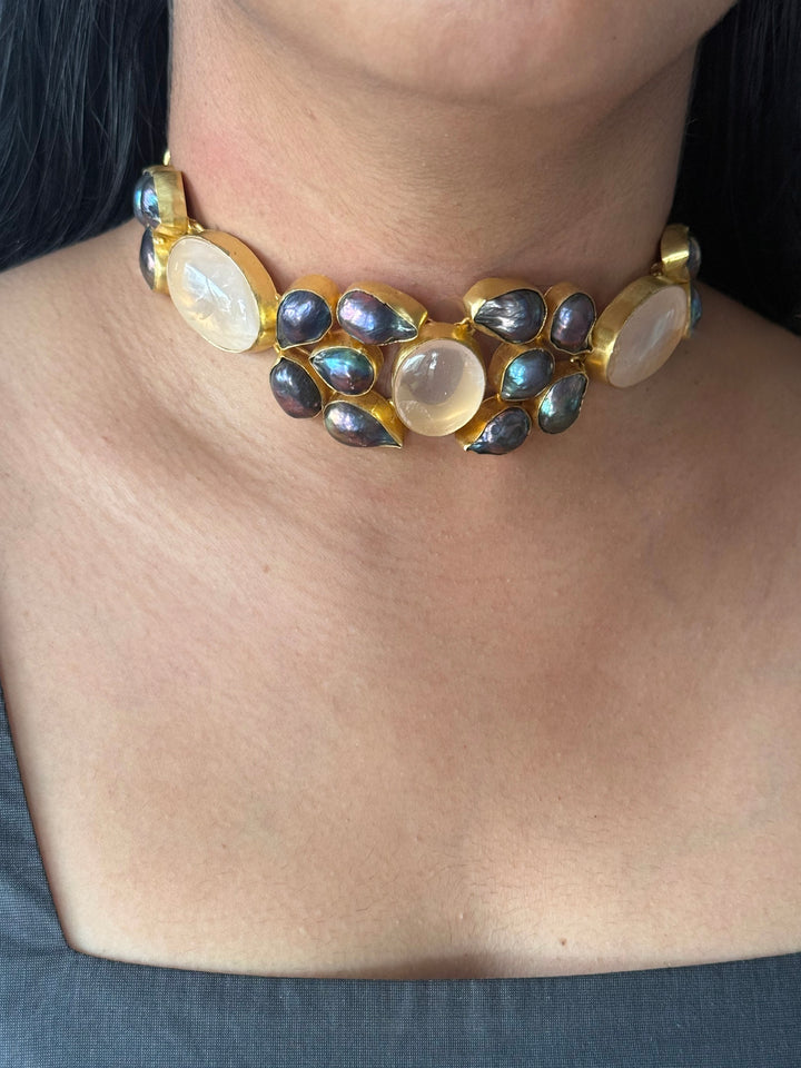 Pink Quartz and Black Baroque Pearl Choker Necklace