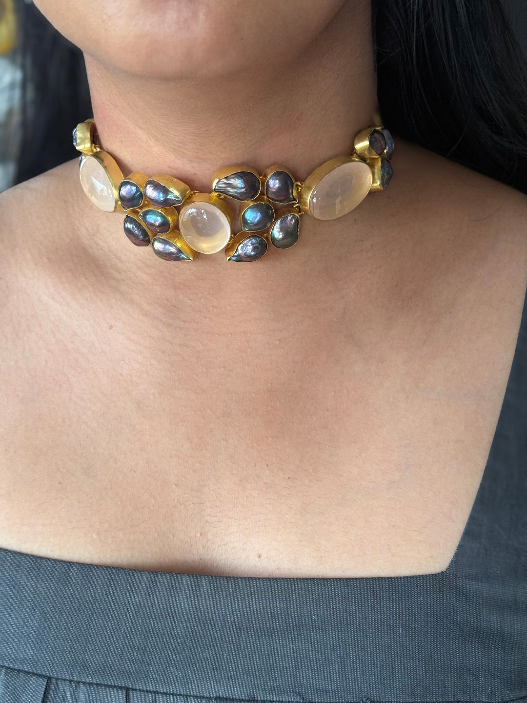 Pink Quartz and Black Baroque Pearl Choker Necklace