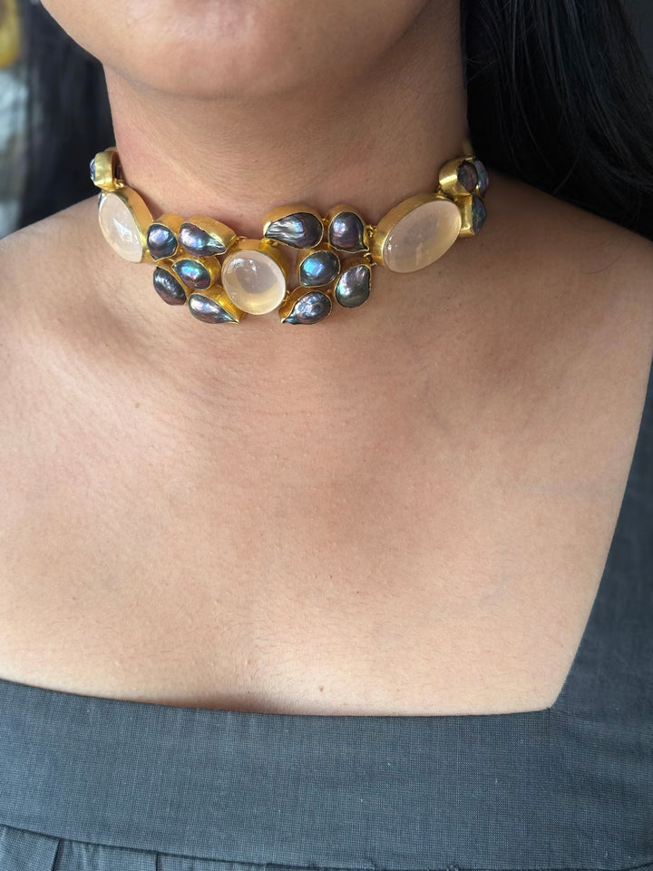 Pink Quartz and Black Baroque Pearl Choker Necklace