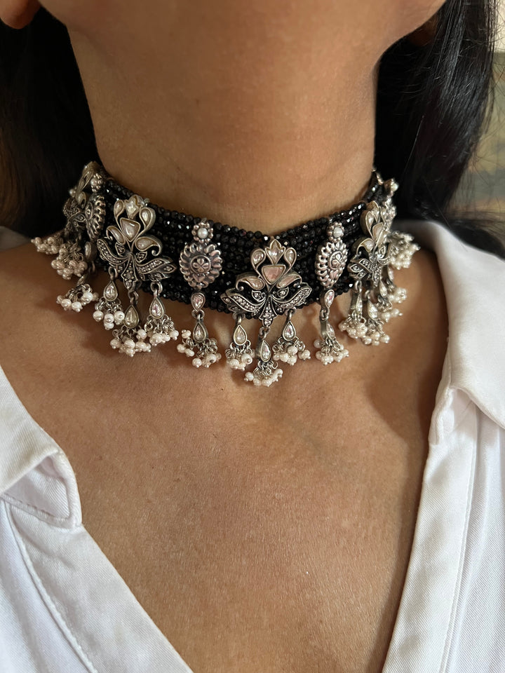 Exclusive Black 925 Silver Choker Necklace with Stunning Silver Embellishments