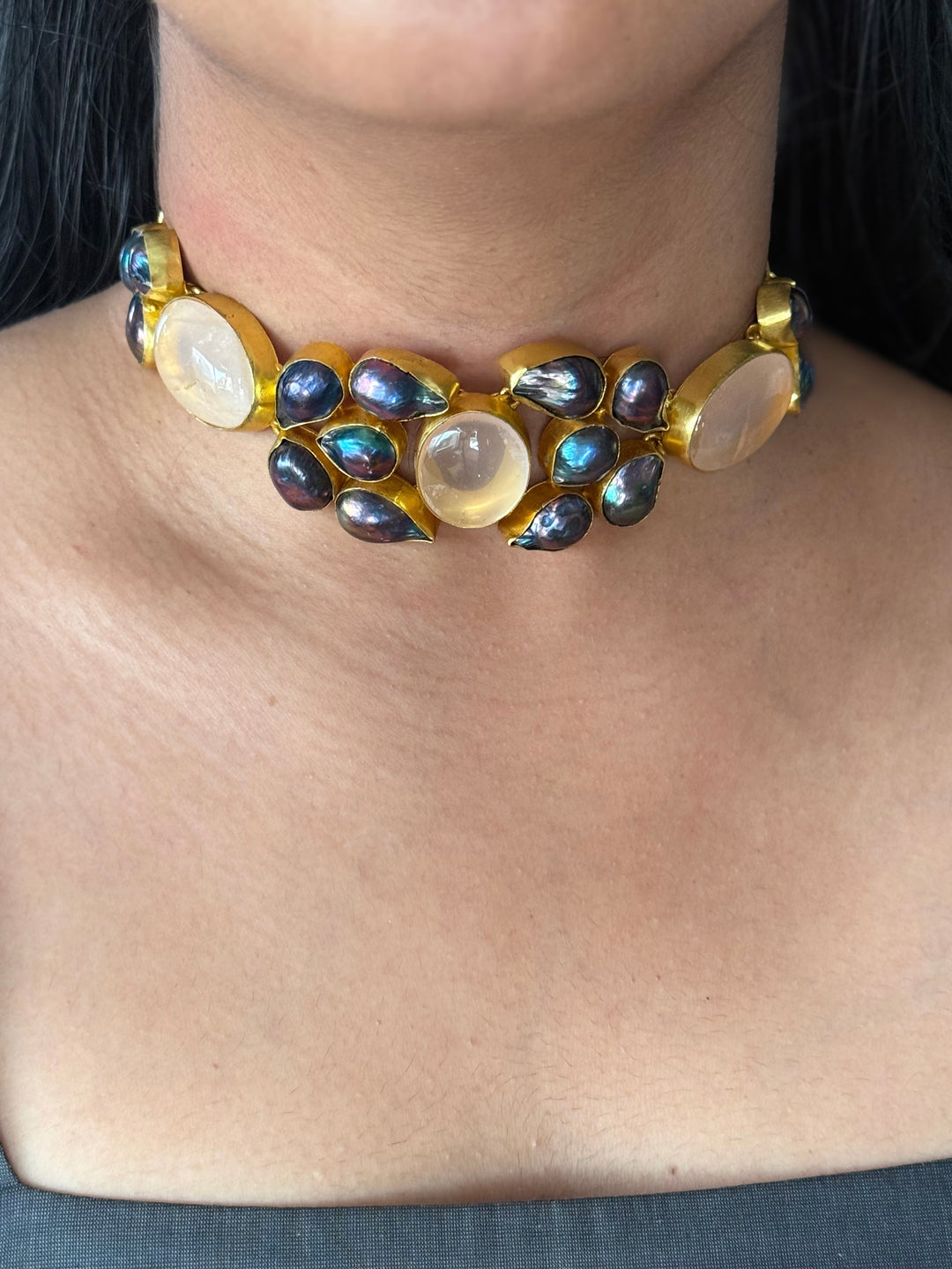 Pink Quartz and Black Baroque Pearl Choker Necklace