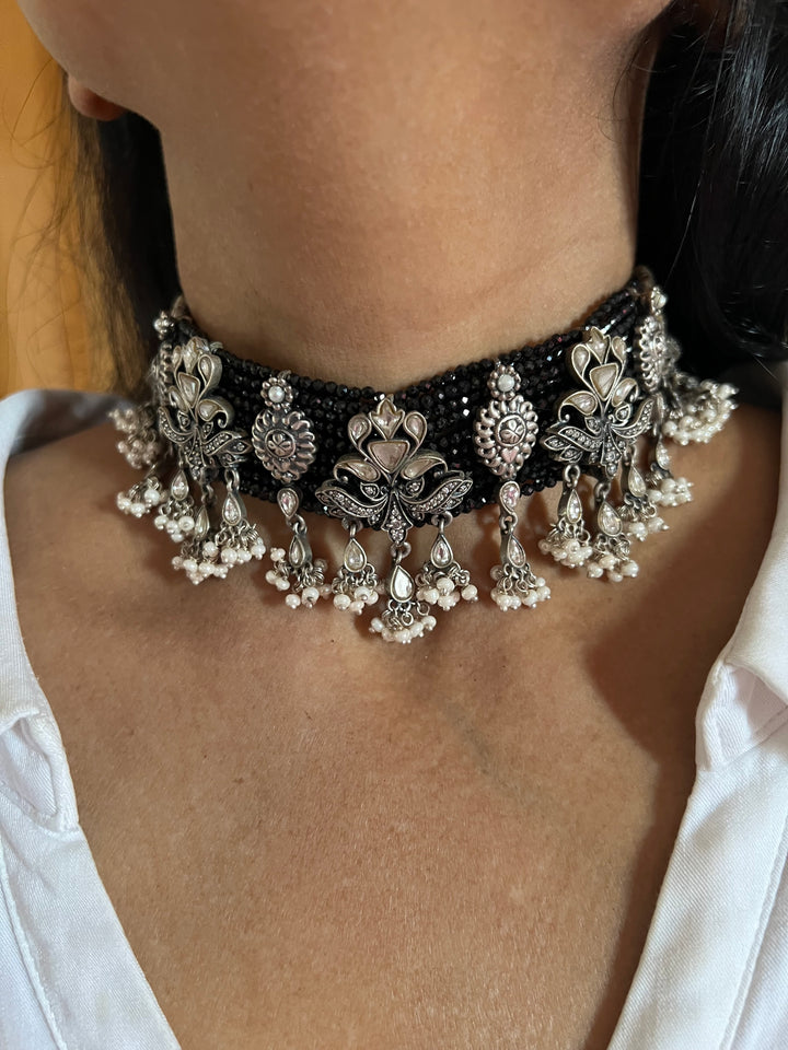 Exclusive Black 925 Silver Choker Necklace with Stunning Silver Embellishments
